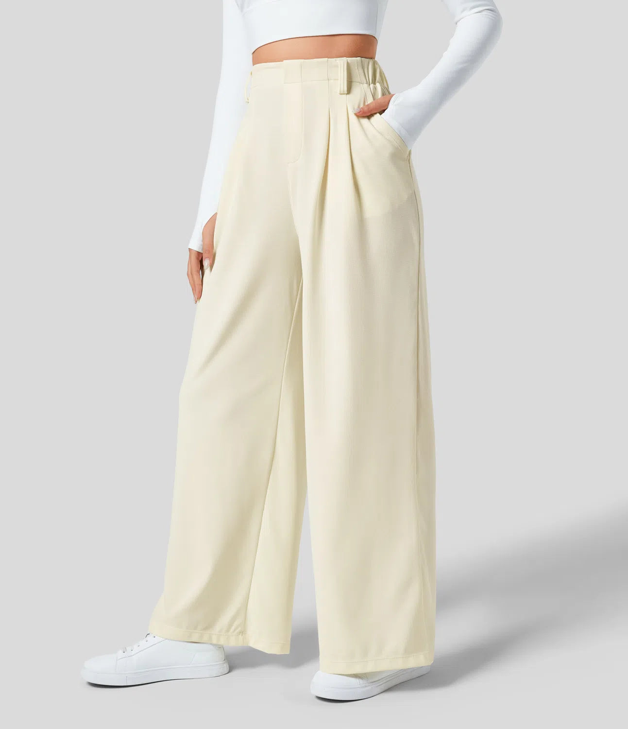 High Waisted Plicated Side Pocket Wide Leg Waffle Work Pants