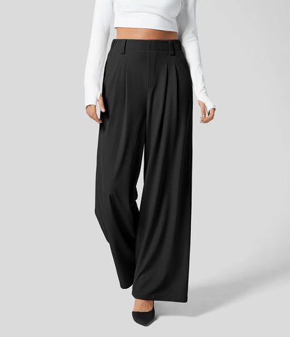 High Waisted Plicated Side Pocket Wide Leg Waffle Work Pants