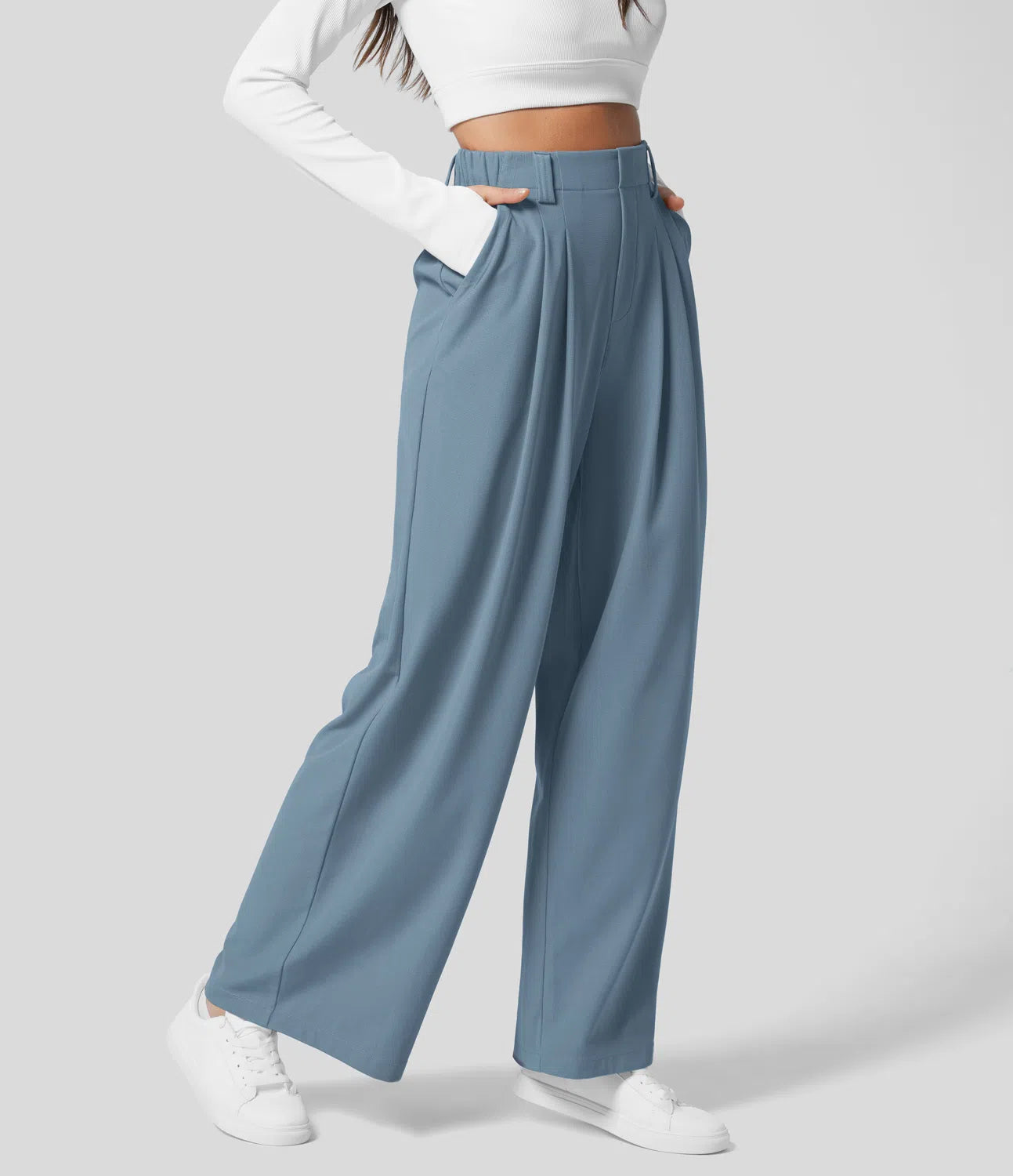 High Waisted Plicated Side Pocket Wide Leg Waffle Work Pants