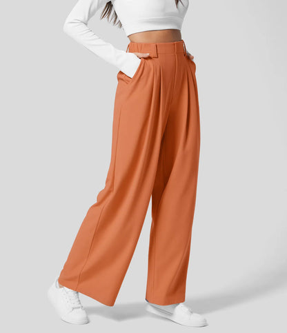 High Waisted Plicated Side Pocket Wide Leg Waffle Work Pants